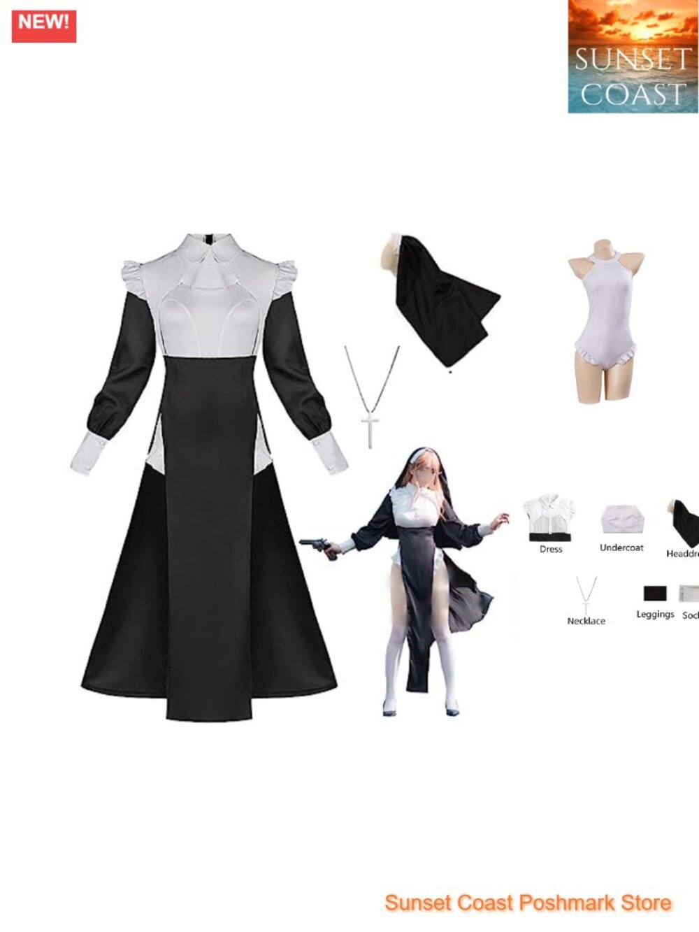 Women Nun Cosplay Costume Gothic Dress Uniform Bodysuit Halloween Outfit